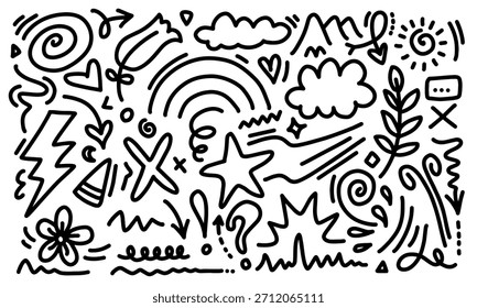 Conjunto de iconos de elementos decorativos lindos de estrellas, flechas y nubes. Bocetos dibujados a mano con lindos Elementos de estrellas, corazón y flores. Iconos de forma de garabato con decoración de texto de línea.