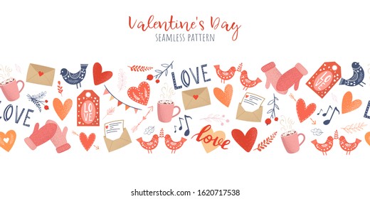 Cute decorative elements on a white background. Valentine's day seamless pattern. Doodle illustration