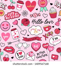 Cute decorative elements and typography design seamless pattern for valentine’s day.
