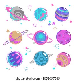 Cute decorative fantasy planet icons set. Isolated girlish space  patch collection, vector elements on white background.