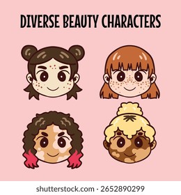 Personagens femininas decorativas bonitas com várias cores de pele que mostram beleza na diversidade, como cabelo preto, vermelho e loiro