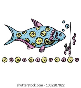 Cute decorative fish cartoon vector illustration motif set. Hand drawn fish