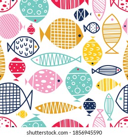 Cute decorative fish. Vector seamless pattern.  Can be used in textile industry, paper, background, scrapbooking.