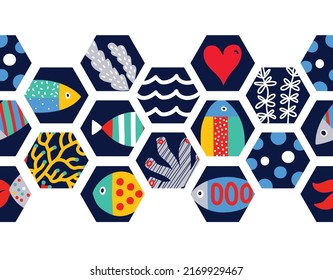 Cute decorative fish . Vector seamless horizontal border. Can be used in textile inustry, paper, background, scrapbooking.
