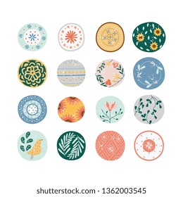 Cute decorative floral prints collection for crockery and ceramic pottery, simple plant and nature themed ornamental decorations in hand drawn style inside circles- isolated vector illustrations.