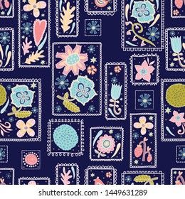 Cute decorative flowers in elegant frames. Vintage vector seamless pattern.  Can be used in textile industry, paper, background, scrapbooking.