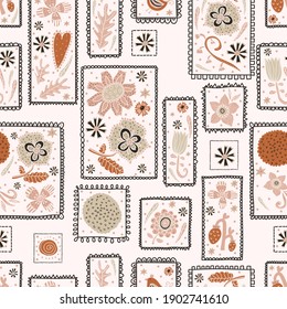 Cute decorative flowers in elegant frames. Vintage vector seamless pattern.  Can be used in textile industry, paper, background, scrapbooking.