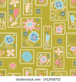 Cute decorative flowers in elegant frames. Vintage vector seamless pattern.  Can be used in textile industry, paper, background, scrapbooking.