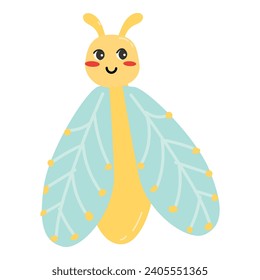 cute decorative fly - baby animal icon. Vector illustration isolated. Can used for baby poster, textile, t shirt design, print for covers. Cute insect with wing. 