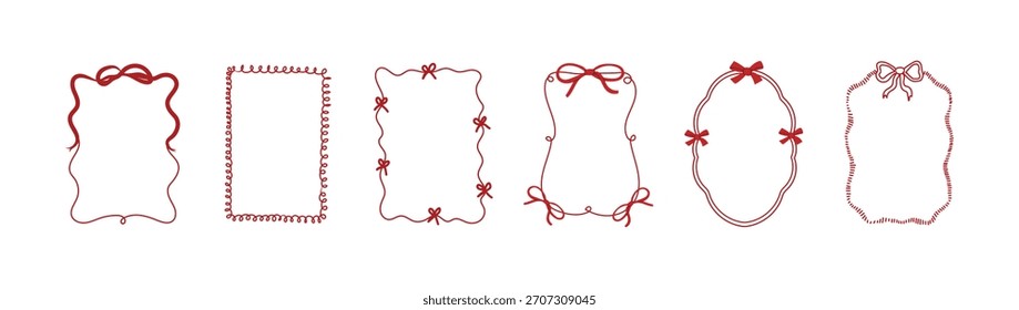 Marcos decorativos lindos con cintas y lazos en un estilo simple dibujado a mano. Fronteras de moda vintage caprichosas para notas, tarjetas, planificadores, invitaciones y diseños de vacaciones. Conjunto de Vector de arte de línea mínimo.