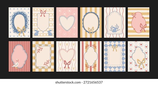 Marcos decorativos lindos en estilo de dibujos animados pastel suave. Carteles dibujados a mano con arcos, corazones y Formas juguetonas, estética de scrapbook suave para tarjetas, notas y diseños para niños, sentimiento romántico acogedor con detalles dulces e inspiración vintage ligera