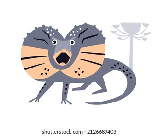 Cute decorative frilled-neck lizard. Animals of Australia. Scandinavian hand drawn vector illustration. Minimalistic geometric icon. Baby print for nursery.