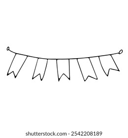 Cute decorative garland of five flags. Decoration for holidays, birthday party, festival in contour doodle style without filling. Monochrome black line vector elements isolated on white background.