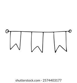 Cute decorative garland of three flags. Decoration for holidays, birthday party, festival in contour doodle style without filling. Monochrome black line vector elements isolated on white background.