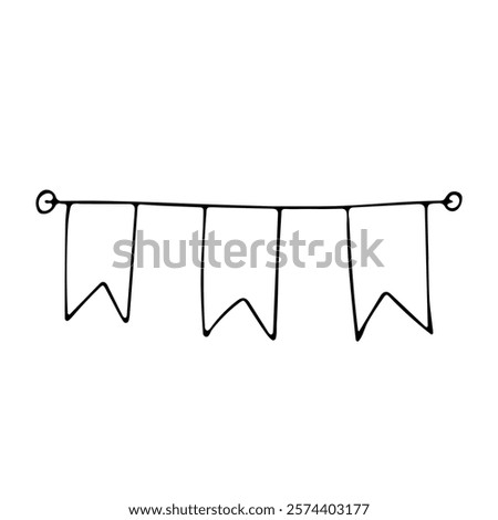 Cute decorative garland of three flags. Decoration for holidays, birthday party, festival in contour doodle style without filling. Monochrome black line vector elements isolated on white background.