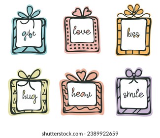 Cute decorative gift frame set. Hand drawn black doodle line, ink blob paint brush stroke border collection, square isolated colorful shape, web card dairy design. Cartoon style. Vector illustration