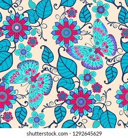 Cute Decorative hand drawn background with floral ornament and butterflies. Vintage seamless pattern spring garden flowers