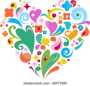 cute decorative heart for Valentine's day greeting card with many design elements