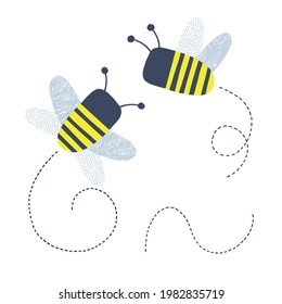 Cute decorative honey bee vector clipart set isolated on white. Scandinavian naive childish style illustration. Summer whimsy bug for modern kid graphic design.