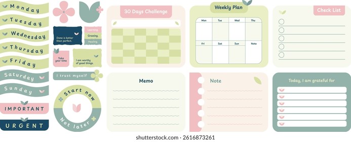 Cute decorative journal element design, planner journaling stationery elements, notepad memopad design in pastel color 