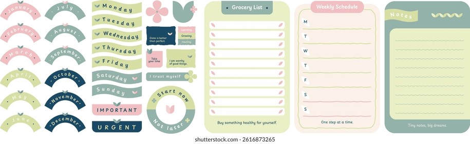 Cute decorative journal element design, planner journaling stationery elements, notepad memopad design in pastel color 