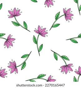 Cute decorative lily flower with stamens and leaf seamless pattern. Vector illustration. Flat cartoon style.