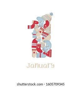 Cute decorative number illustration for calendar. First month. January