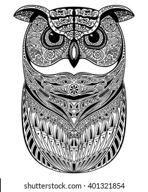 Cute decorative ornamental Owl. Doodle style. Hand drawn vector illustration.