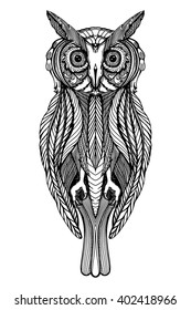 Cute decorative ornamental Owl. Doodle style. Hand drawn vector illustration.