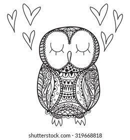 Cute Decorative Ornamental Owl Fall In Love. Vector Doodle Illustration