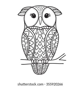 Cute Decorative Ornamental Owl On Branch. Vector Doodle Illustration