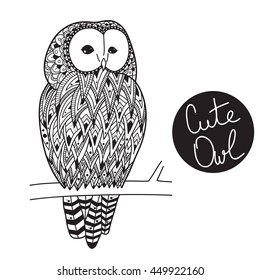 Cute decorative ornamental Owl on branch. Vector doodle illustration