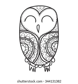 Cute decorative ornamental Owl, vector doodle illustration