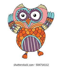 Cute decorative ornamental Owl Vector, Hand drawn black white illustration, Doodle Vector