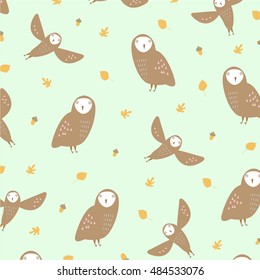 Cute decorative owl autumn pattern. Print design background.