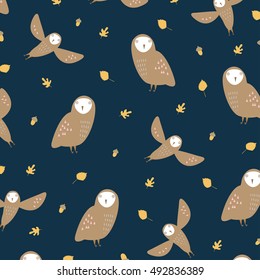 Cute Decorative Owl Autumn Pattern. Print Design Background Image.