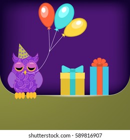 Cute decorative owl with balloons and gifts. Sleepy Owl in festive cap. Happy Birthday.
