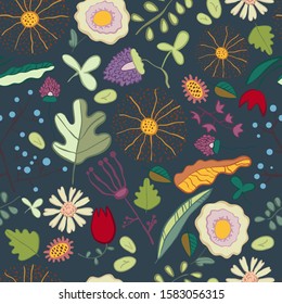 Cute decorative print. Hand-drawn vector image of vegetation.
Plants, fruits, seeds. Natural product. Bright cheerful rural print. Seamless pattern.
EPS-10