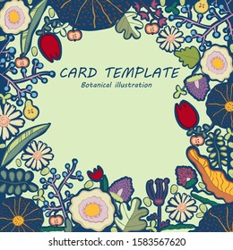 Cute decorative print. Hand-drawn vector image of vegetation.
Plants, fruits, seeds. Natural product. Bright cheerful rural print. 
Card template. Invitation.Botanical illustration.EPS-10