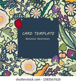 Cute decorative print. Hand-drawn vector image of vegetation.
Plants, fruits, seeds. Natural product. Bright cheerful rural print. 
Card template. Invitation.Botanical illustration.EPS-10