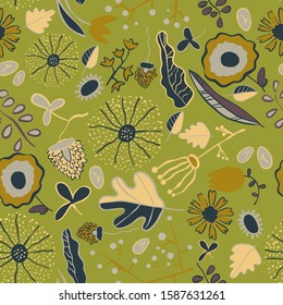 Cute decorative print. Hand-drawn vector image of vegetation.
Plants, fruits, seeds. Natural product. Bright cheerful rural print. 
Card template. Invitation.Botanical illustration
Seamless pattern.