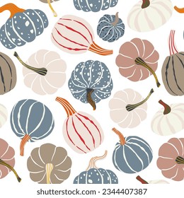 Cute decorative pumpkins seamless pattern on white. Autumn, fall, Thanksgiving background. Pumpkins vector illustration for textile, paper, fashion design.