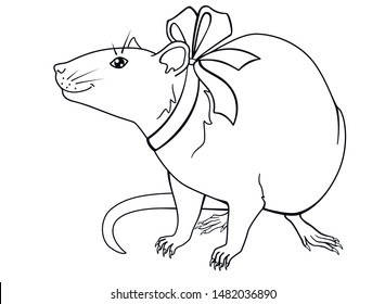 Cute decorative rat with a festive bow - linear vector illustration for coloring. The symbol of the Chinese New Year 2020 is the rat. Outline