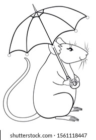 Cute, decorative rat with an umbrella. Kawaii rat is hiding under an umbrella. Positive character - rat - vector linear image for coloring. Outline. Hand drawing. white isolate