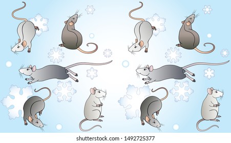 Cute decorative rats play and frolic among snowflakes - pattern. Rats - the symbol of 2020 Chinese New Year