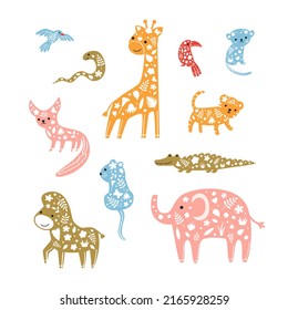 Cute Decorative Safari Animals Set. Baby Giraffe, Zebra, Elephant, Monkey, Fennec Fox, Crocodile, Tiger Hand Drawn In Doodle Style Isolated On White Background. Vector Illustration For Kids Textile