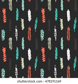 Cute decorative seamless pattern with cereals. Hand drawn colorful ink wheat ears on dark background. Cute style and trendy colors. Endless backdrop for cloth, wallpaper or wrapping