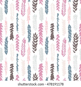 Cute decorative seamless pattern with cereals. Hand drawn colorful ink wheat ears on white background. Cute style and trendy colors. Endless backdrop for cloth, wallpaper or wrapping