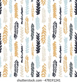 Cute decorative seamless pattern with cereals. Hand drawn colorful ink wheat ears on white background. Cute style and trendy colors. Endless backdrop for cloth, wallpaper or wrapping