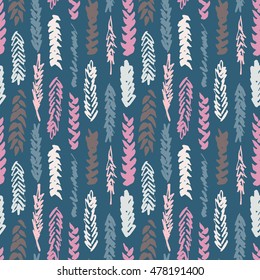 Cute decorative seamless pattern with cereals. Hand drawn colorful ink wheat ears on blue background. Cute style and trendy colors. Endless backdrop for cloth, wallpaper or wrapping